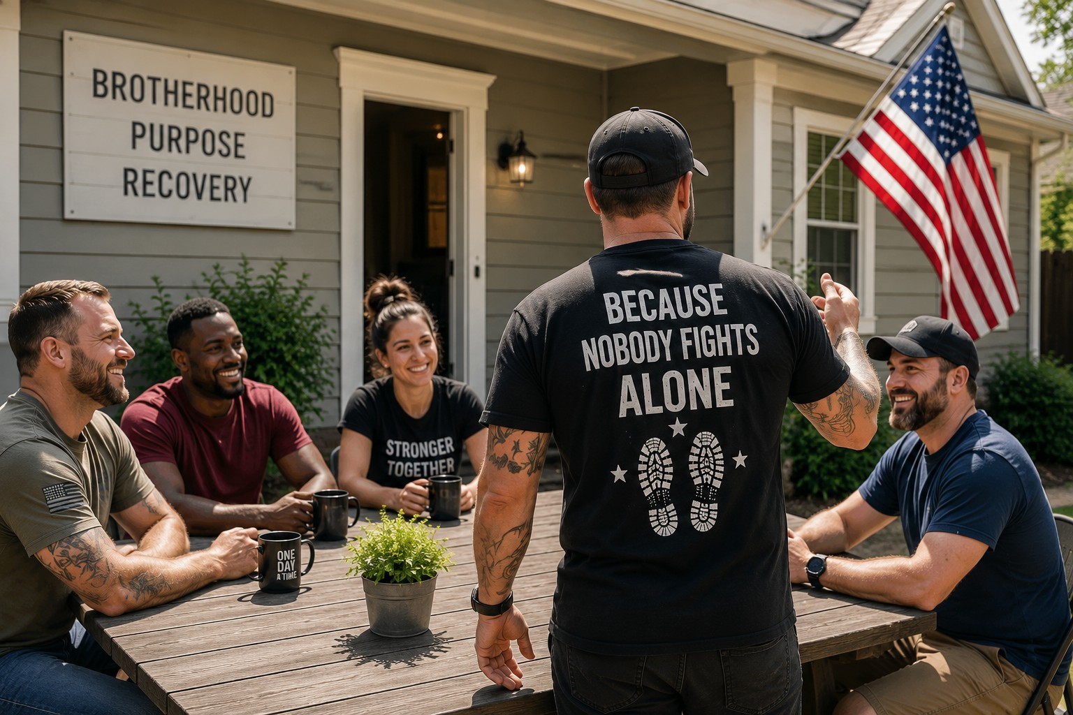 Veterans sharing fellowship outside a recovery home